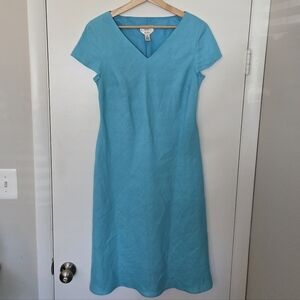 Vintage Talbots Irish Linen Aqua Short Sleeve Midi A-line Dress Size 10P